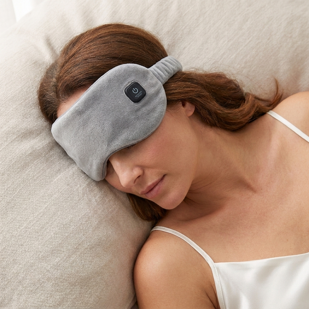 Woman wearing a gray sleep mask while lying on a pillow.